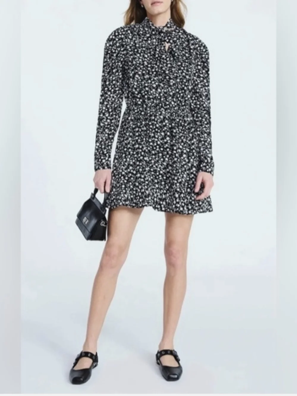 Scoop Women's Black Floral Long-Sleeve Tie-Neck Mini Dress Size M NWT